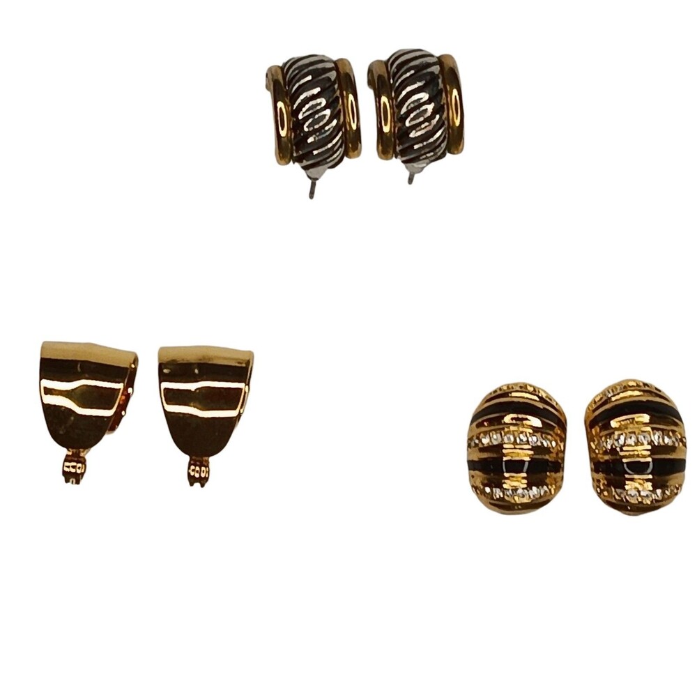 VTG Lot Of 3 Pierced Earrings Gold Hoop, Black W/ Rhinestones, Silvertone Swirl